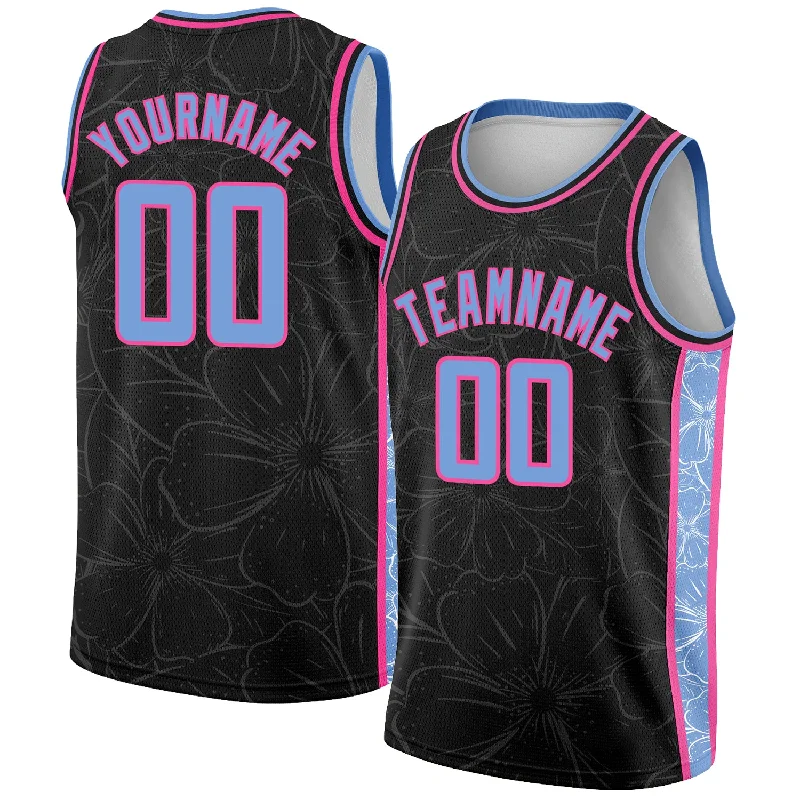 Comfortable Basketball Jersey-Custom Black Light Blue-Pink Flowers Authentic City Edition Basketball Jersey