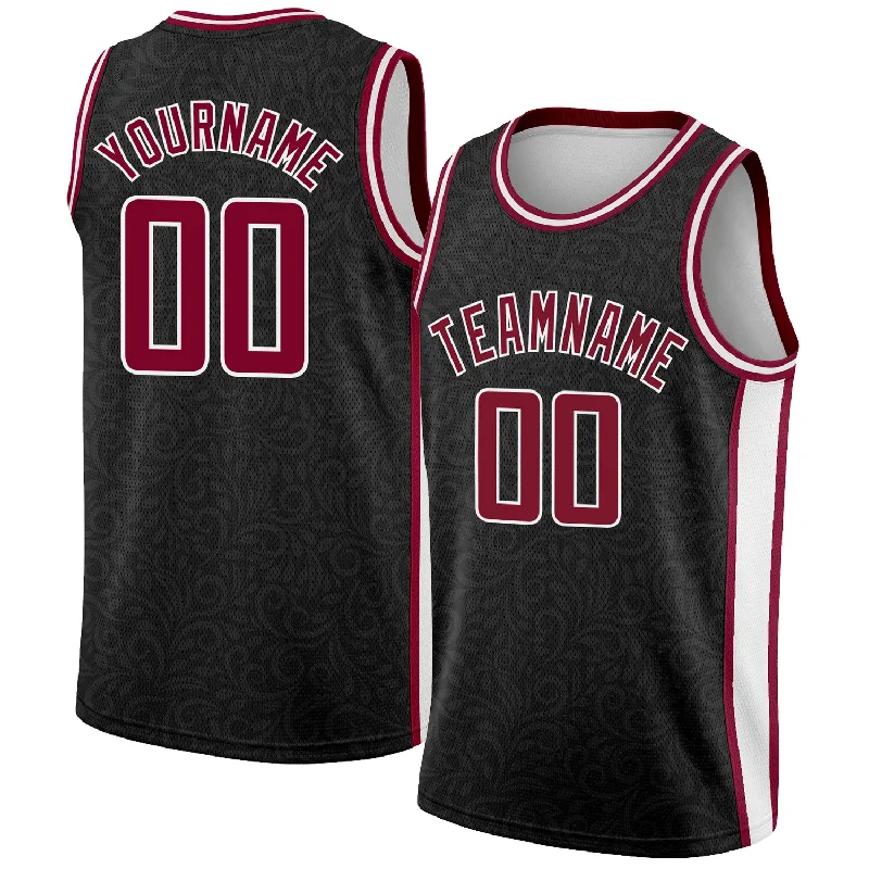 Basketball Jersey with Quick-Dry Technology-Custom Black Maroon-White Flower Authentic City Edition Basketball Jersey