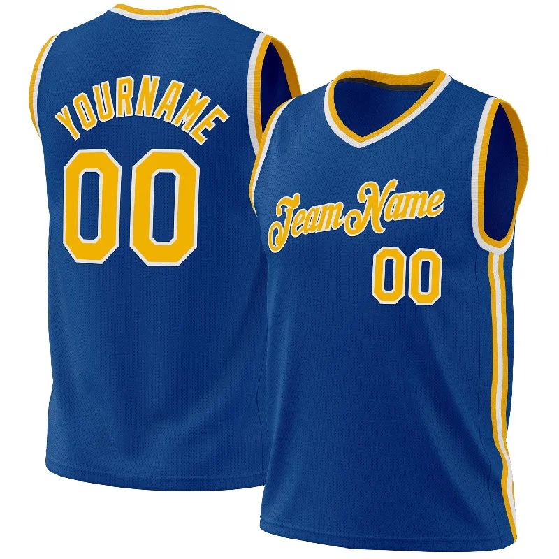 Basketball Jersey with Quick-Dry Technology-Custom Blue Gold-White Authentic Throwback Basketball Jersey