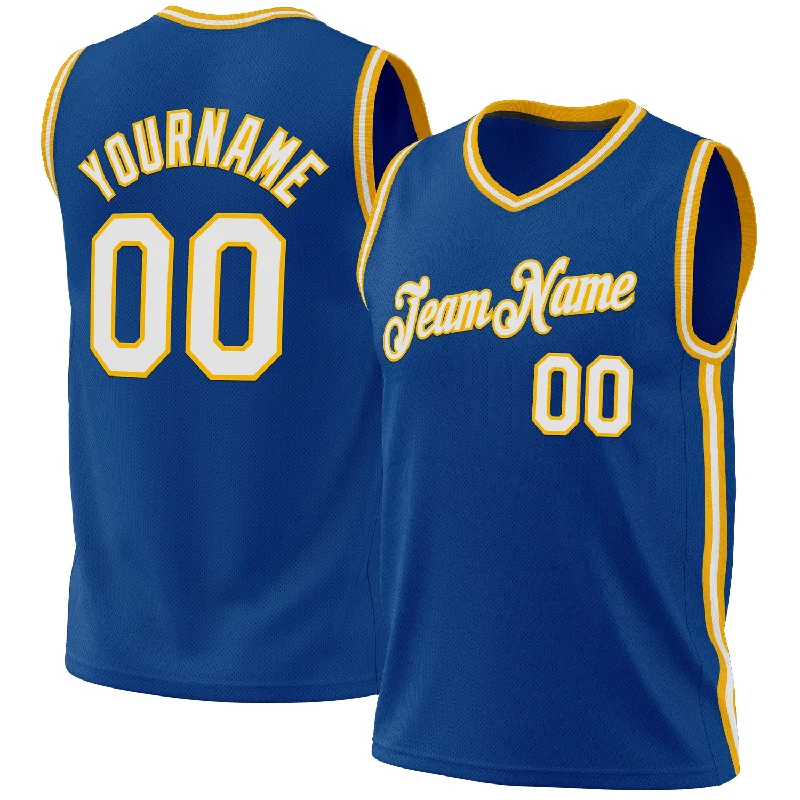 Basketball Jersey with Sleeve Stripes-Custom Blue White-Gold Authentic Throwback Basketball Jersey