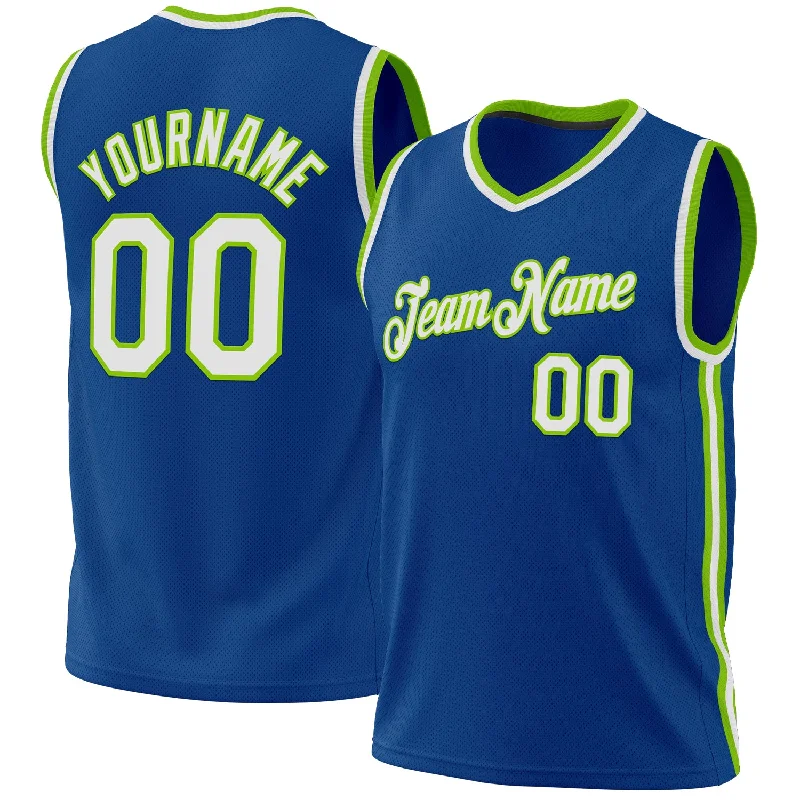 Basketball Jersey for Professional Teams-Custom Blue White-Neon Green Authentic Throwback Basketball Jersey