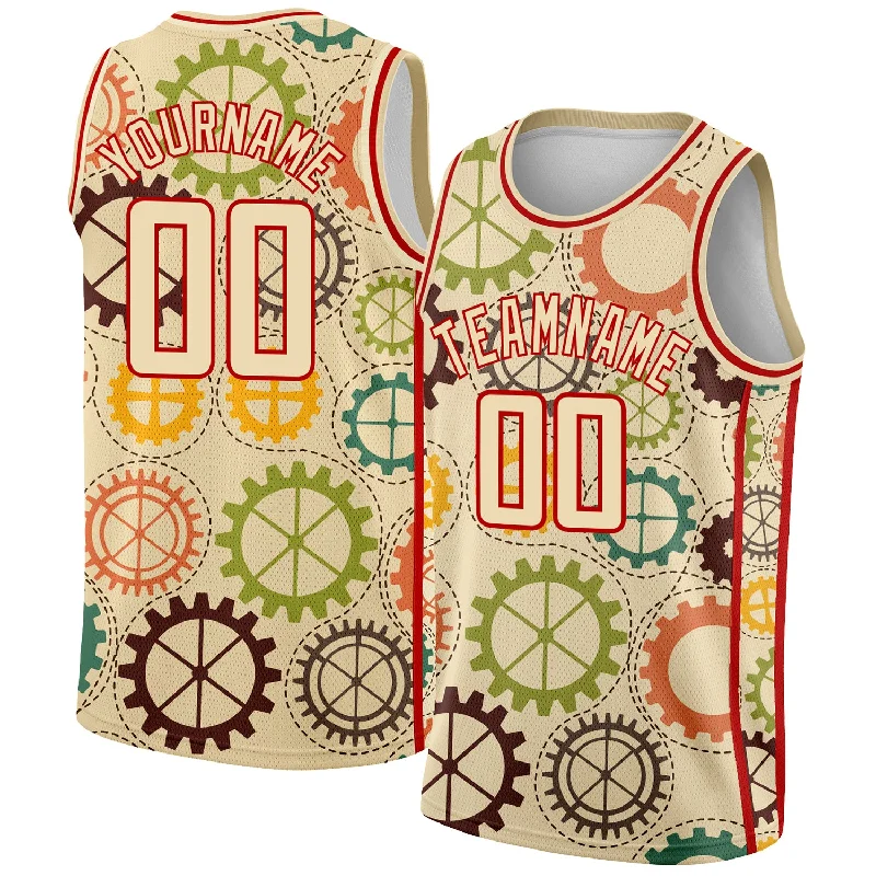 Basketball Jersey for Tournament-Custom Cream Red 3D Pattern Design Vintage Gears Authentic Basketball Jersey