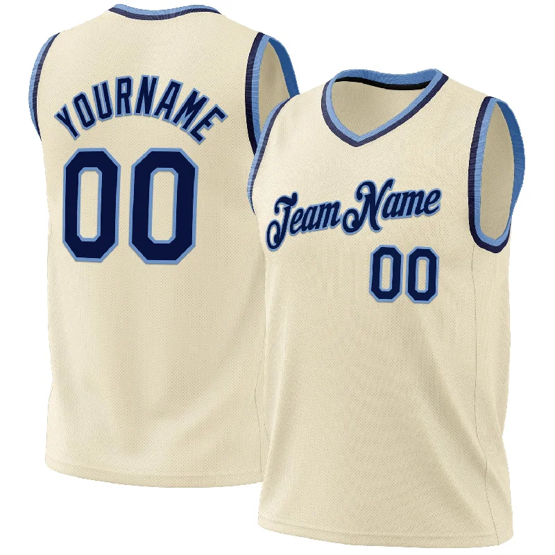 Basketball Jersey with Elastic Waist-Custom Cream Navy-Light Blue Authentic Throwback Basketball Jersey