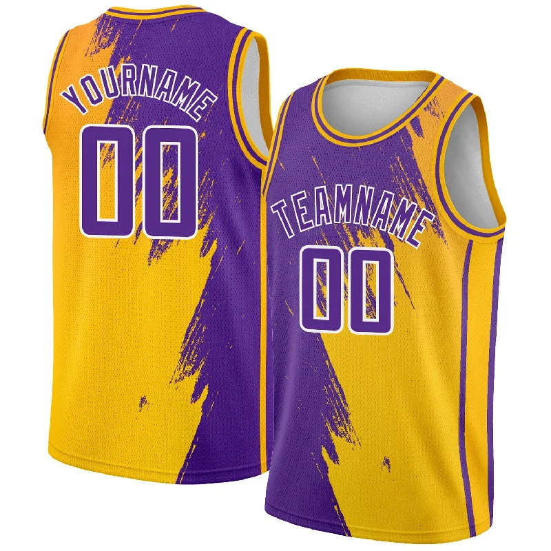 Custom Basketball Jersey for Fans-Custom Gold Purple-White Abstract Brush Splash Authentic City Edition Basketball Jersey