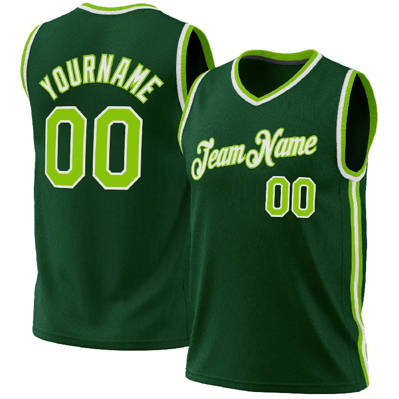 Basketball Jersey with Bold Design-Custom Hunter Green Neon Green-White Authentic Throwback Basketball Jersey