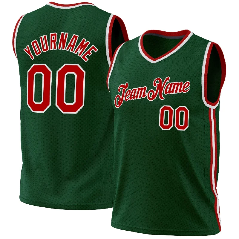 Basketball Jersey with Color Block-Custom Hunter Green Red-White Authentic Throwback Basketball Jersey