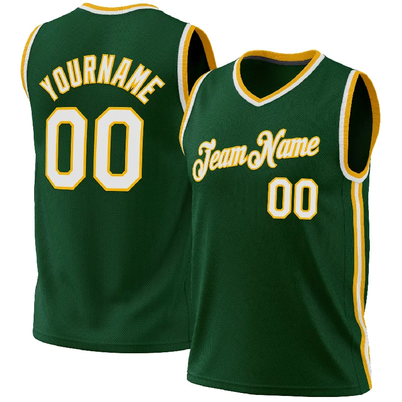 Basketball Jersey with Team Colors-Custom Hunter Green White-Gold Authentic Throwback Basketball Jersey