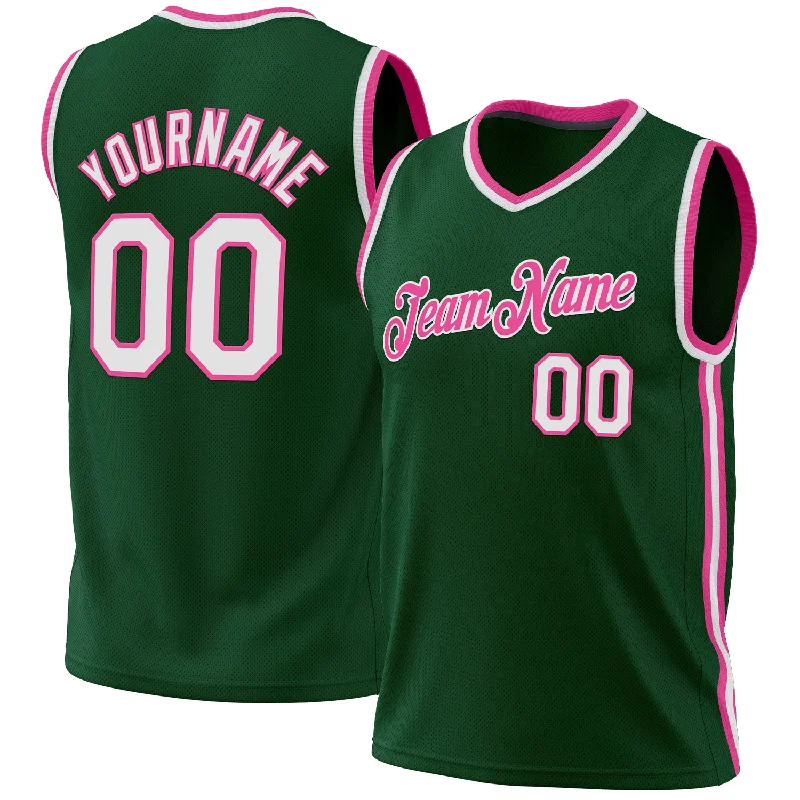 Personalized Basketball Jersey for Youth-Custom Hunter Green White-Pink Authentic Throwback Basketball Jersey