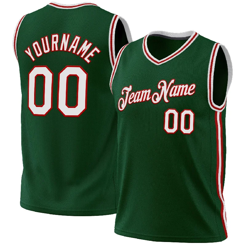 Basketball Jersey with V Neck-Custom Hunter Green White-Red Authentic Throwback Basketball Jersey