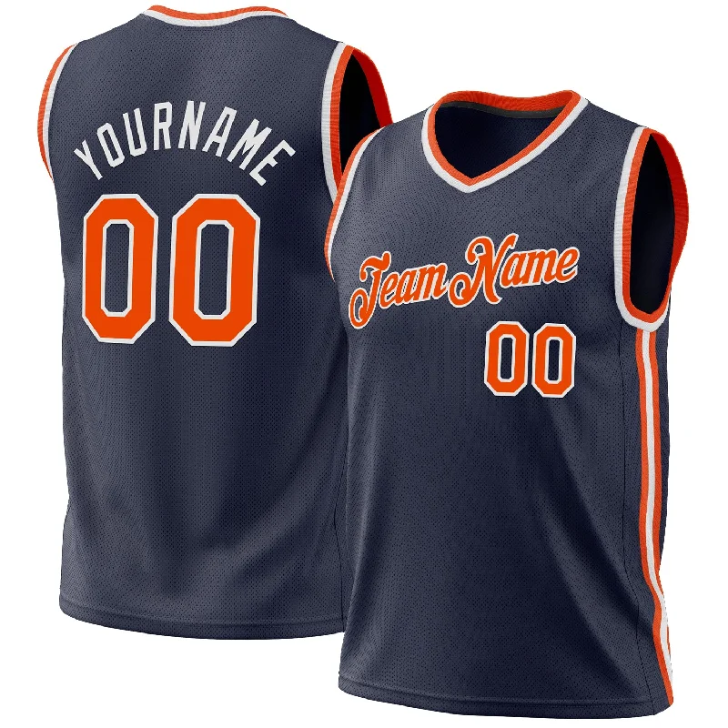 Basketball Jersey with Full Sleeves-Custom Navy Orange-White Authentic Throwback Basketball Jersey