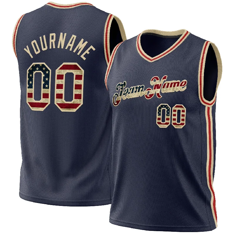 Custom Basketball Jersey with Team Name-Custom Navy Vintage USA Flag Cream-Red Authentic Throwback Basketball Jersey