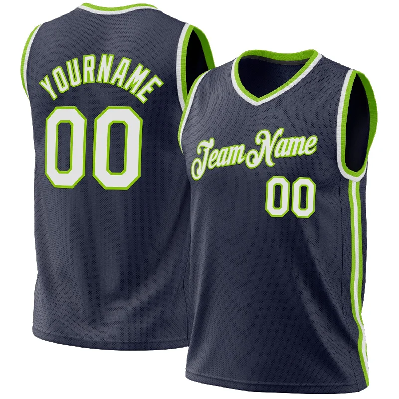 Basketball Jersey with Logo Print-Custom Navy White-Neon Green Authentic Throwback Basketball Jersey