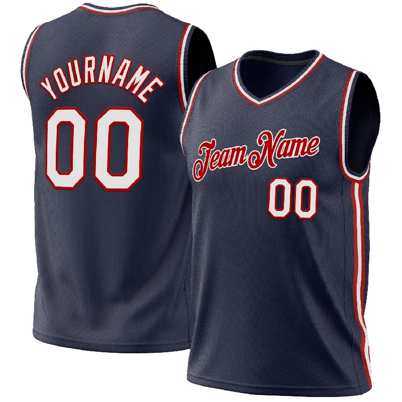 Basketball Jersey with Custom Emblems-Custom Navy White-Red Authentic Throwback Basketball Jersey