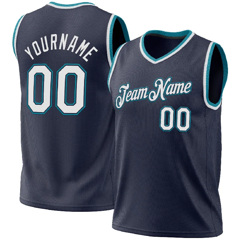 Basketball Jersey with Name Embroidery-Custom Navy White-Teal Authentic Throwback Basketball Jersey