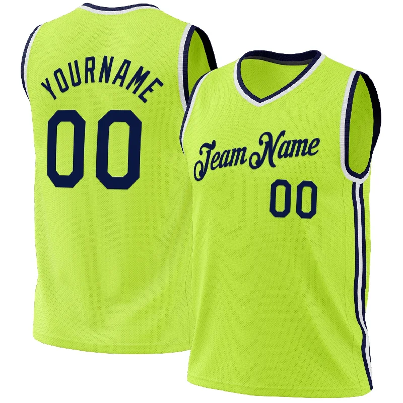 Basketball Jersey with Soft Touch Fabric-Custom Neon Green Navy-White Authentic Throwback Basketball Jersey