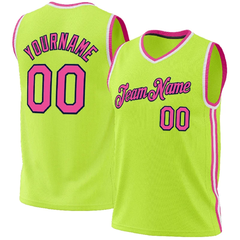 Basketball Jersey for Community Events-Custom Neon Green Pink Navy-White Authentic Throwback Basketball Jersey