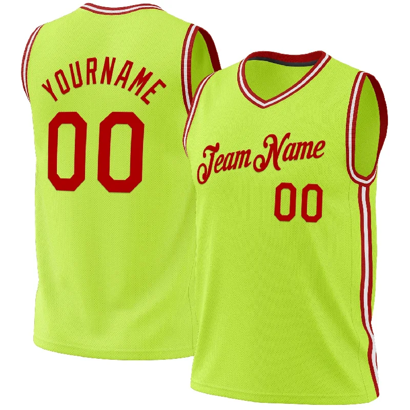 Basketball Jersey with Logo-Custom Neon Green Red-White Authentic Throwback Basketball Jersey