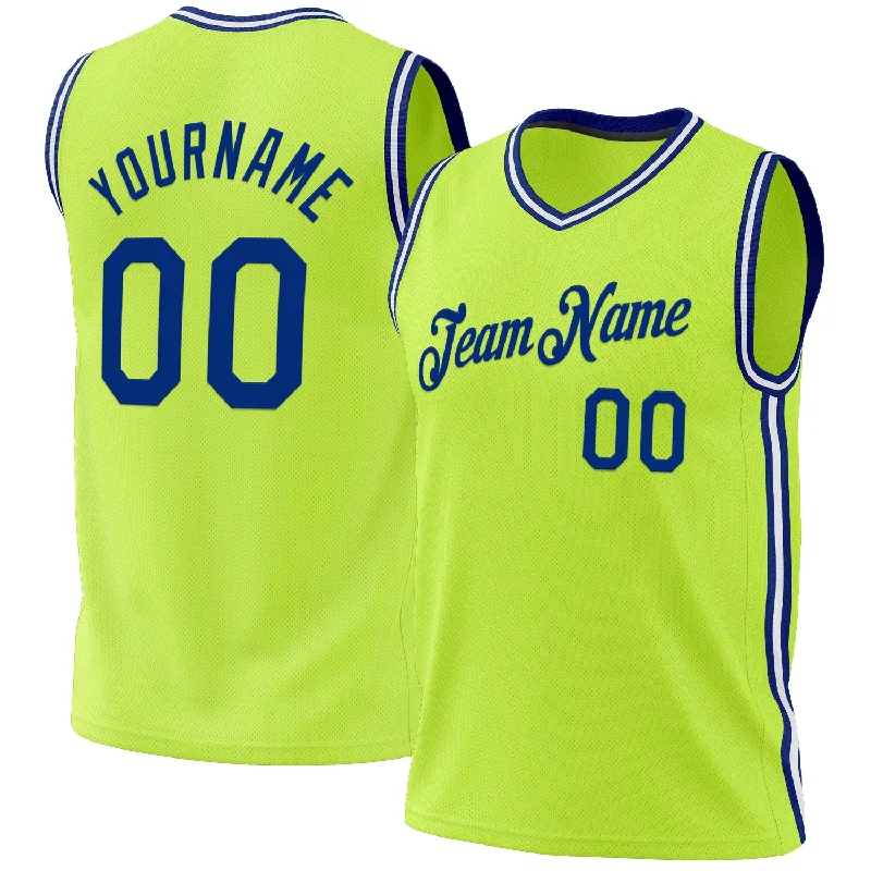 Basketball Jersey with Number-Custom Neon Green Royal-White Authentic Throwback Basketball Jersey