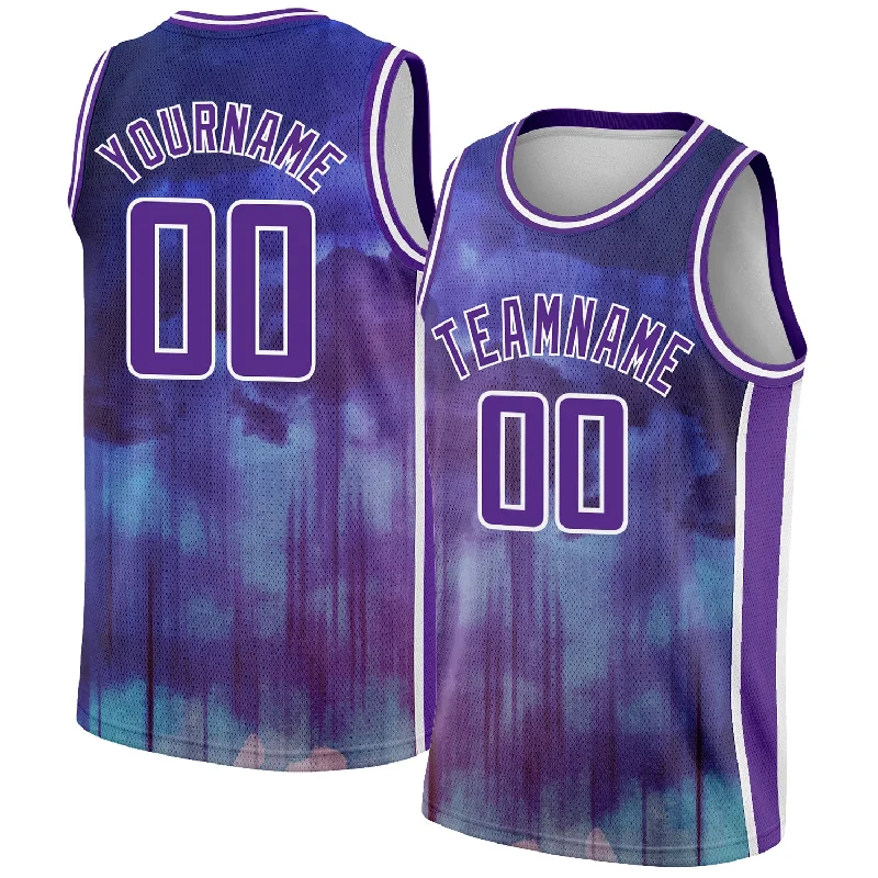 Basketball Jersey for Daily Wear-Custom Purple White Abstract Watercolor Monsoon Authentic City Edition Basketball Jersey