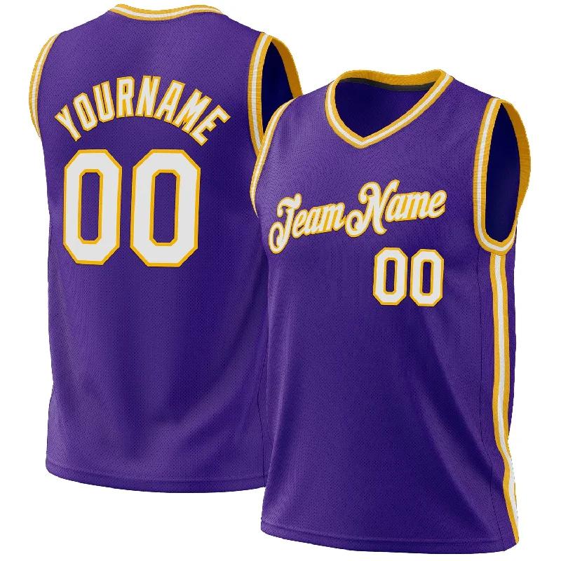 Basketball Jersey with Unique Graphics-Custom Purple White-Gold Authentic Throwback Basketball Jersey