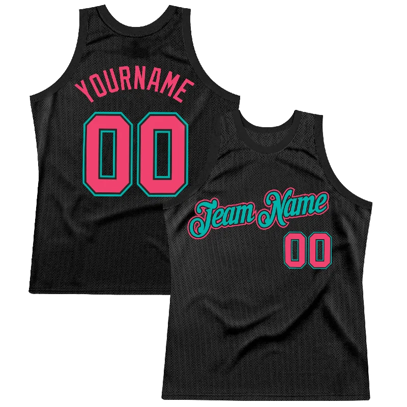 Basketball Jersey with Custom Patches-Custom Black Neon Pink-Aqua Authentic Throwback Basketball Jersey