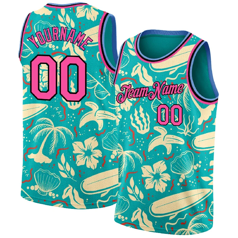 Basketball Jersey with Embroidered Name-Custom Aqua Pink-Black 3D Pattern Tropical Hawaii Trees Authentic Basketball Jersey