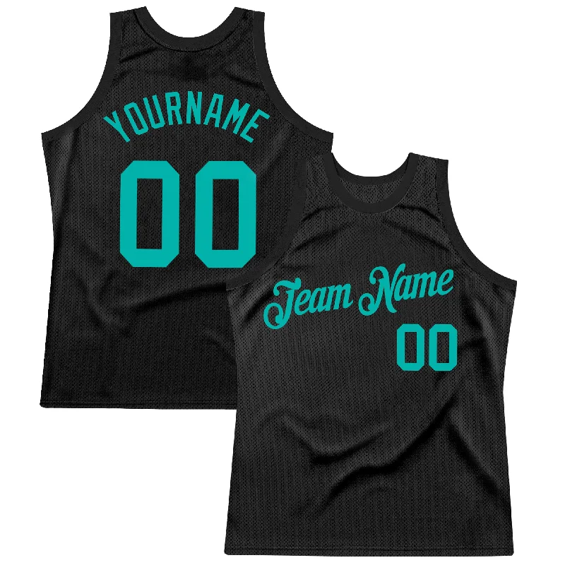 Basketball Jersey with Fan Design-Custom Black Aqua Authentic Throwback Basketball Jersey