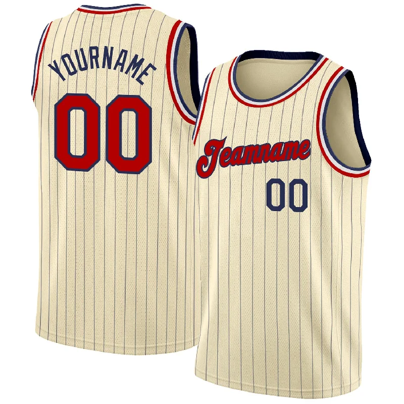 Basketball Jersey for Basketball Clubs-Custom Cream Navy Pinstripe Red-Black Authentic Basketball Jersey