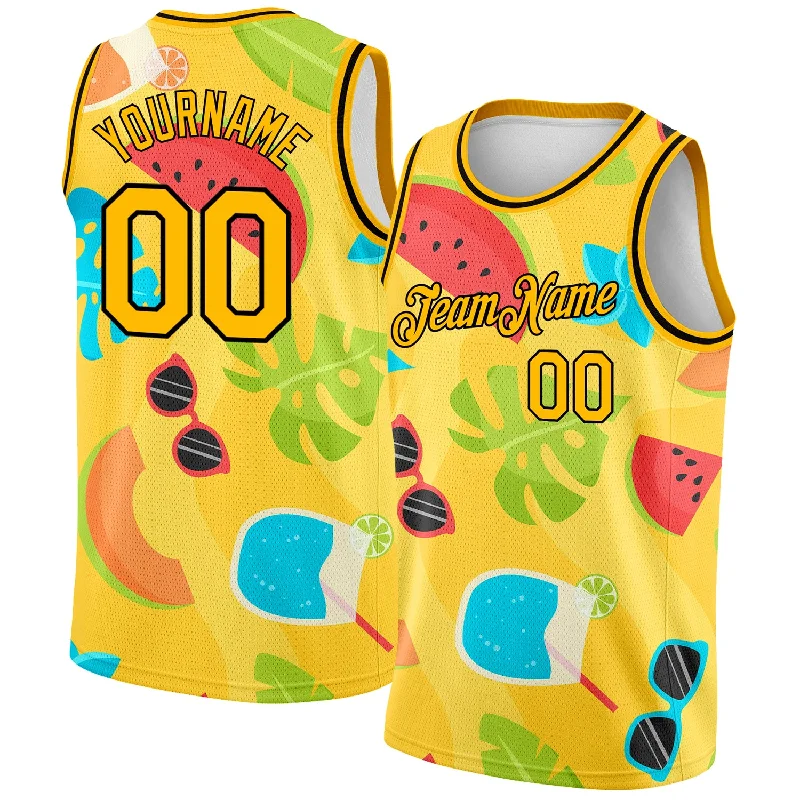 Custom Basketball Jersey with Player Details-Custom Gold Black 3D Pattern Summer Hawaii Beach Holiday Authentic Basketball Jersey