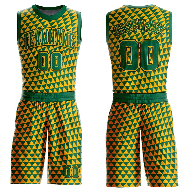 Wholesale Basketball Jersey-Custom Gold Kelly Green-Black Triangle Shapes Round Neck Sublimation Basketball Suit Jersey