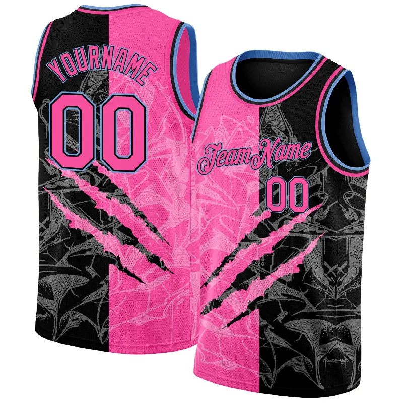 Basketball Jersey with Cool Technology-Custom Graffiti Pattern Pink Black-Light Blue 3D Scratch Authentic Basketball Jersey