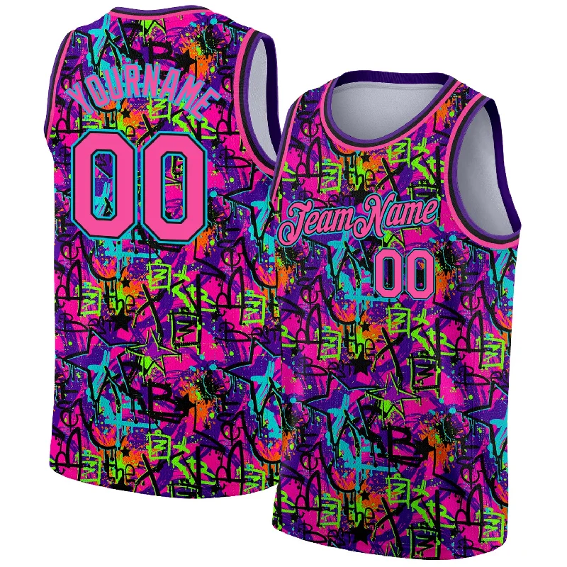 Basketball Jersey for Softball-Custom Graffiti Pattern Pink Black-Lakes Blue 3D Grunge Art Authentic Basketball Jersey