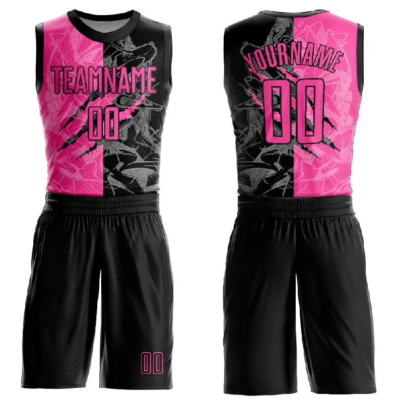 Basketball Jersey for Softball-Custom Graffiti Pattern Pink-Black Scratch Round Neck Sublimation Basketball Suit Jersey