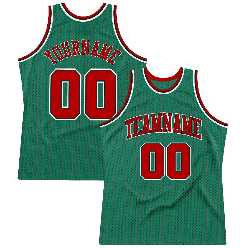 Basketball Jersey for Children-Custom Kelly Green Red Pinstripe Red-Black Authentic Basketball Jersey