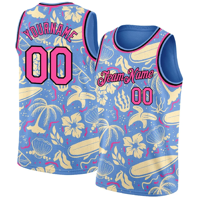 Basketball Jersey with Bold Colors-Custom Light Blue Pink-Black 3D Pattern Tropical Hawaii Trees Authentic Basketball Jersey