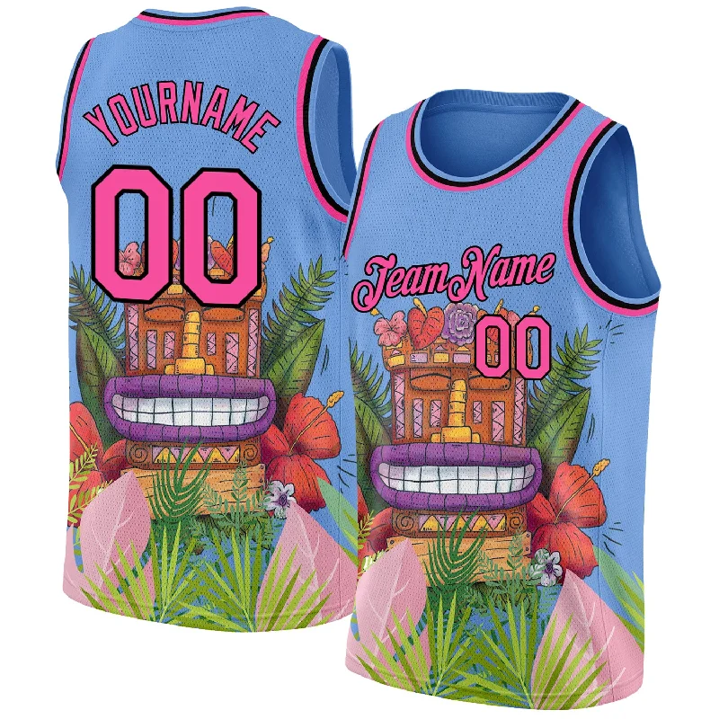 Professional Basketball Jersey-Custom Light Blue Pink-Black 3D Pattern Cartoon Tropical Hawaii Rainforest Authentic Basketball Jersey