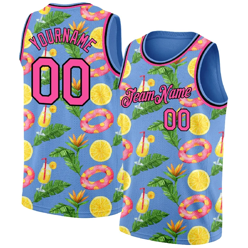 Basketball Jersey for Summer League-Custom Light Blue Pink-Black 3D Pattern Summer Hawaii Beach Holiday Authentic Basketball Jersey