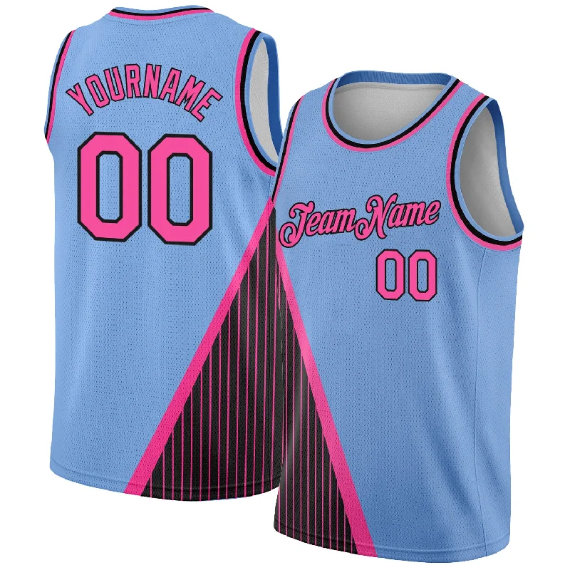 Basketball Jersey with Player Number-Custom Light Blue Pink-Black Triangle Pinstripes Authentic City Edition Basketball Jersey