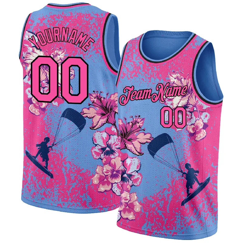 Basketball Jersey for Team Spirit-Custom Light Blue Pink-Black 3D Pattern Flowers And Beach Surfing Authentic Basketball Jersey