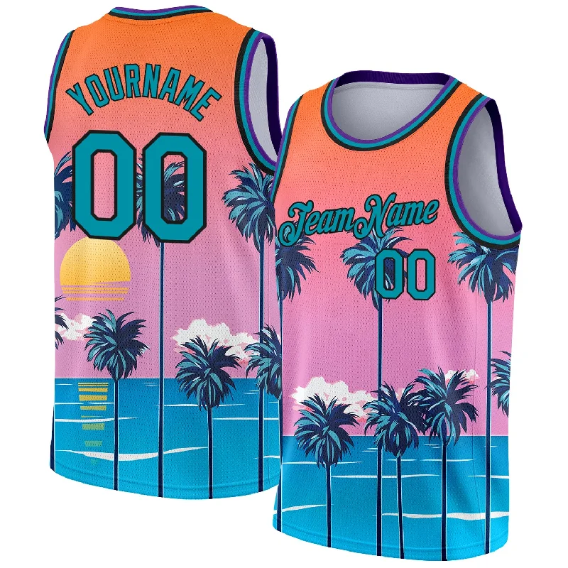 Cheap Basketball Jersey-Custom Orange Teal-Black 3D Pattern Sun Beach Hawaii Palm Trees Authentic Basketball Jersey