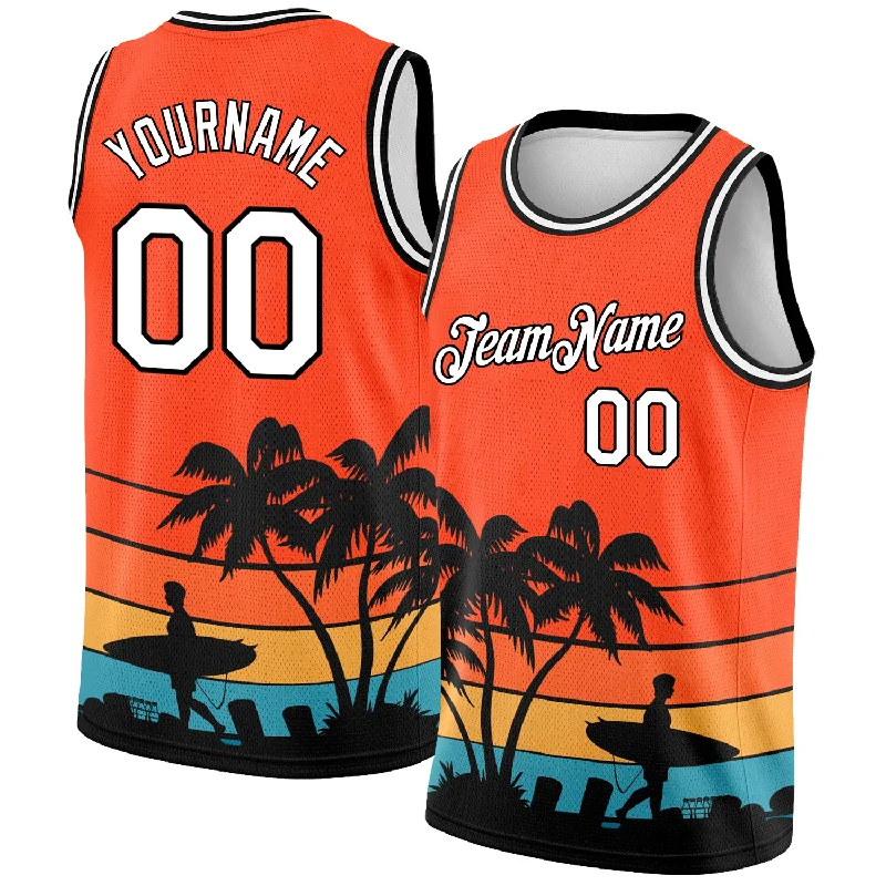 Basketball Jersey for Daily Wear-Custom Orange White-Black 3D Pattern Hawaii Beach Palm Trees Authentic Basketball Jersey