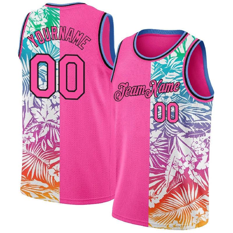 Basketball Jersey with Striped Sleeves-Custom Pink Black 3D Pattern Tropical Hawaii Palm Leaves Authentic Basketball Jersey