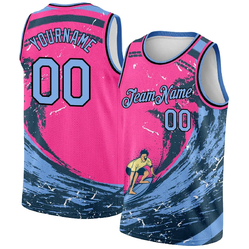 Basketball Jersey for Gym Teams-Custom Pink Light Blue-Black 3D Pattern Summer Beach Surfing Authentic Basketball Jersey