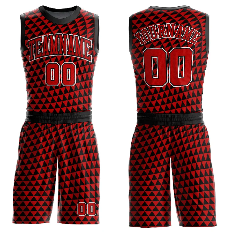 Basketball Jersey for Minor League-Custom Red Black-White Triangle Shapes Round Neck Sublimation Basketball Suit Jersey