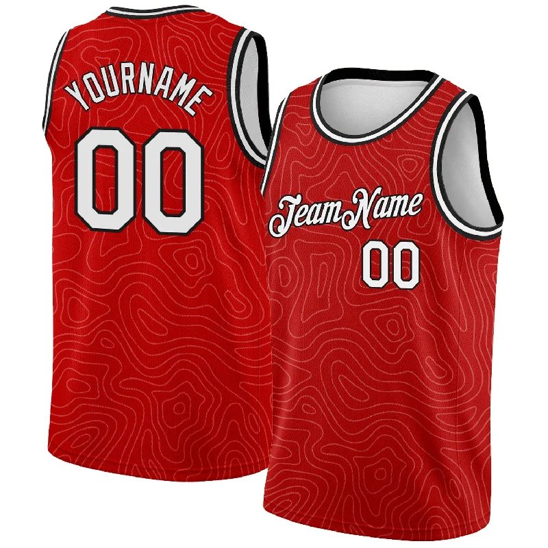 Basketball Jersey with Snap Button-Custom Red White-Black Rounded Zig Zag Lines Authentic City Edition Basketball Jersey