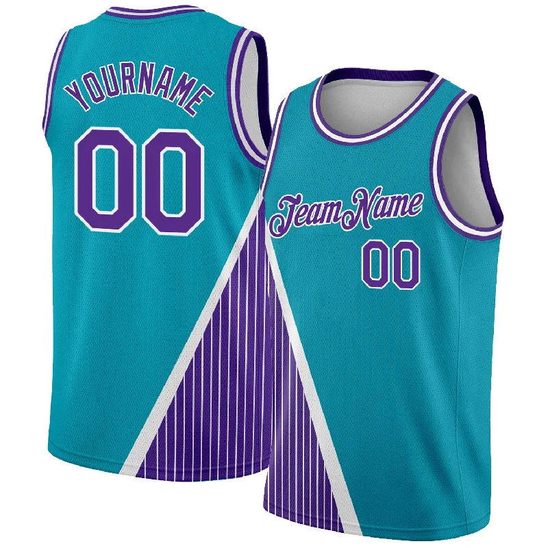 Basketball Jersey with Multi-color Design-Custom Teal Purple-White Triangle Pinstripes Authentic City Edition Basketball Jersey