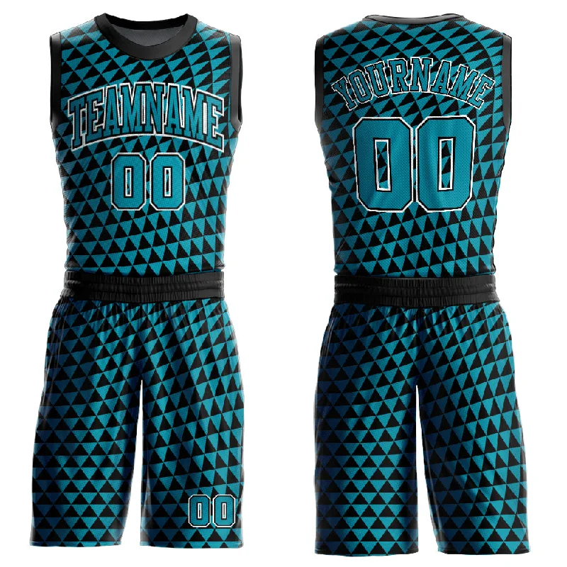 High Quality Basketball Jersey-Custom Teal Black-White Triangle Shapes Round Neck Sublimation Basketball Suit Jersey