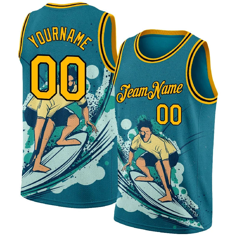 Basketball Jersey with Sporty Look-Custom Teal Gold-Black 3D Pattern Beach Surfing Authentic Basketball Jersey