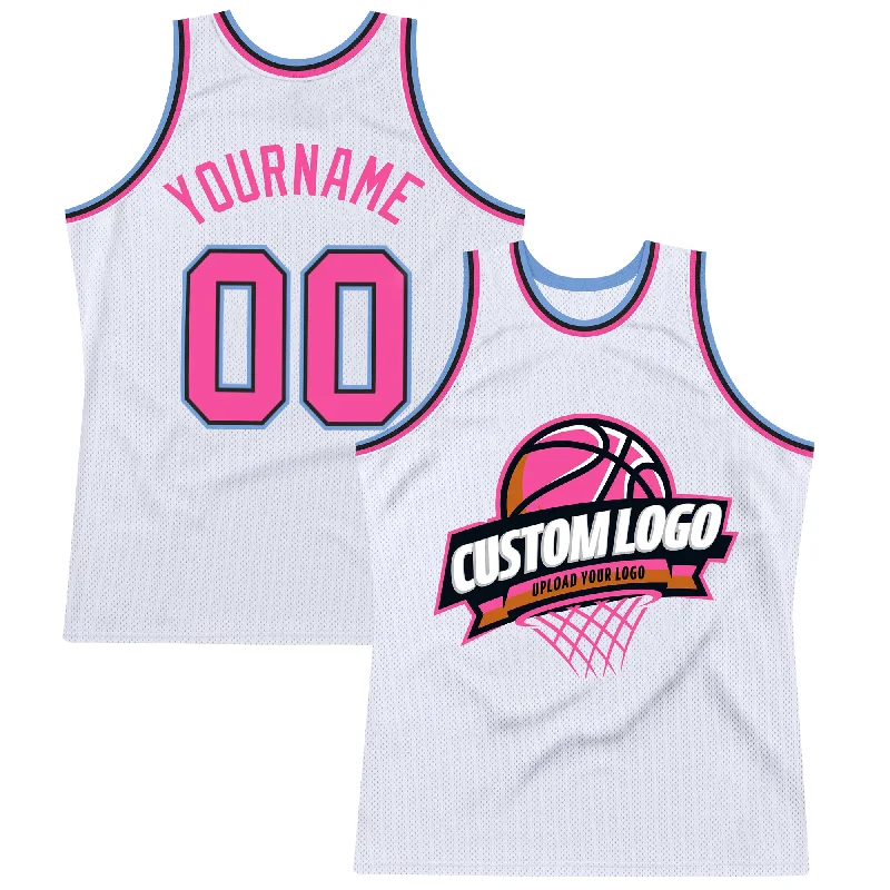 Basketball Jersey with Multi-color Design-Custom White Pink Black-Light Blue Authentic Throwback Basketball Jersey