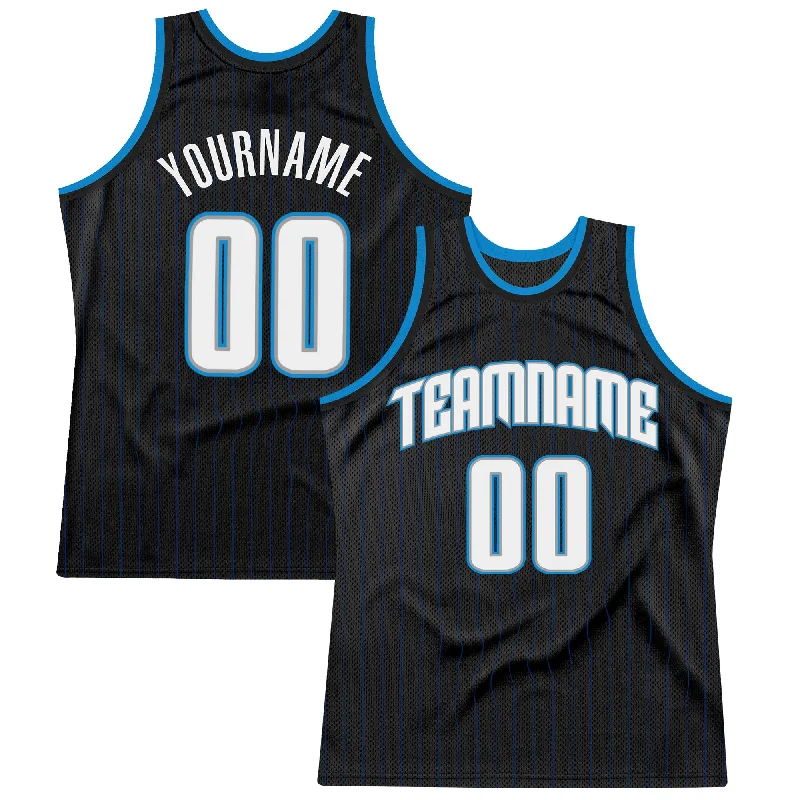 Basketball Jersey with Name-Custom Black Royal Pinstripe White-Blue Authentic Basketball Jersey